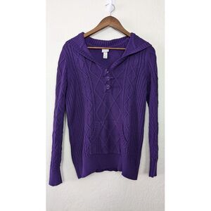 Y2K Venezia Sweater Women's Size L Purple Cable Knit Collared‎ Cotton Blend